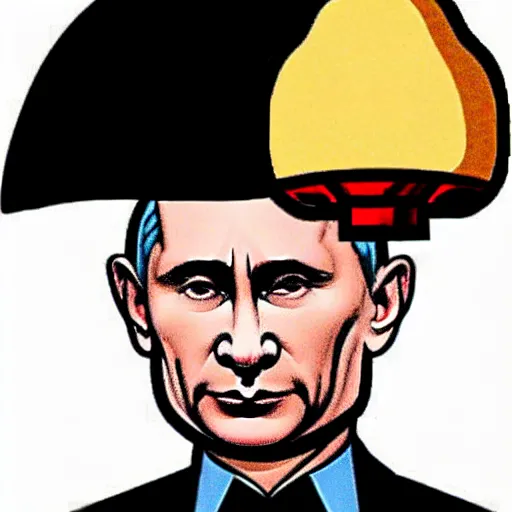 Prompt: vladimir putin with a nuclear mushroom cloud for a hat, cartoonish, in the style of genndy tartakovsky