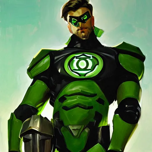 Image similar to greg manchess portrait painting of armored green lantern as overwatch character, medium shot, asymmetrical, profile picture, organic painting, sunny day, matte painting, bold shapes, hard edges, street art, trending on artstation, by huang guangjian and gil elvgren and sachin teng