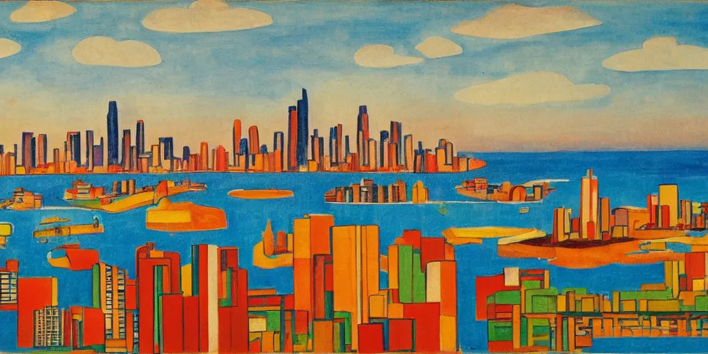 Prompt: panama city skyline by mainie jellett, warm colors