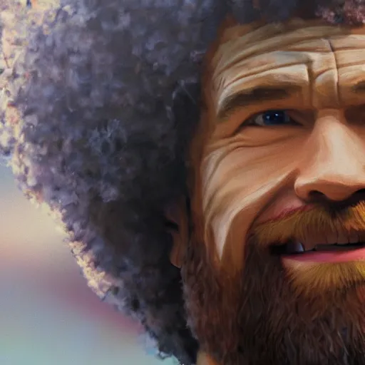 Image similar to a closeup photorealistic photograph of bob ross working on a canvas painting of captain america. happy trees, mountain scape. film still. brightly lit scene. this 4 k hd image is trending on artstation, featured on behance, well - rendered, extra crisp, features intricate detail, epic composition and the style of unreal engine.