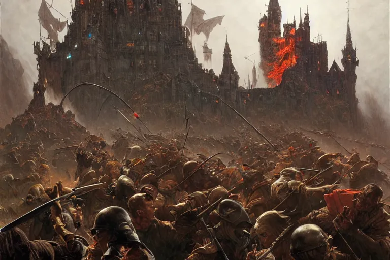 Prompt: a epic norman rockwell painting of army of wizards fighting against vampires on the mountains of the ocean, gritty tech, deep focus, fantasy, intricate, elegant, highly detailed, digital painting, artstation, concept art, matte, sharp focus, illustration, dark fantasy style art, resident evil, art by artgerm and greg rutkowski and alphonse mucha