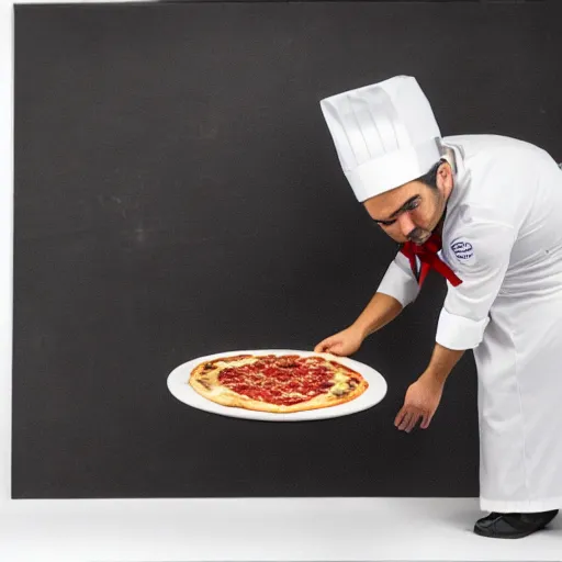 Image similar to studio photograph, a cat dressed as a chef taking a pizza out of an oven