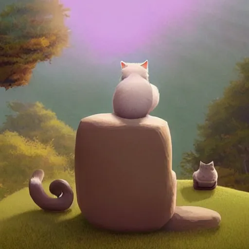 Prompt: a cat zen master meditating on hillside, next to a cute cat, concept art by chris labrooy, cgsociety, retrofuturism, sci - fi, concept art, futuristic