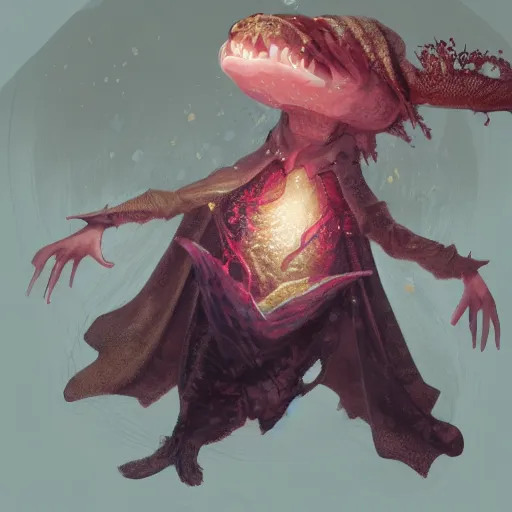 Prompt: Anthropomorphized Axolotl magician casting spell, magic the gathering artwork, cloak, hat, D&D, fantasy, cinematic lighting, centered, highly detailed, digital painting, artstation, concept art, smooth, sharp focus, illustration, volumetric lighting, 8k, art by Akihiko Yoshida and Greg Rutkowski