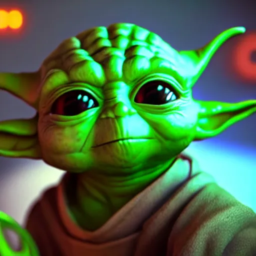 Image similar to Yoda, adorable eyes, cute smile, full round face, neon lights in background, serene bedroom setting, medium shot, mid-shot, highly detailed, trending on Artstation, Unreal Engine 4k