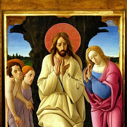 Image similar to Jesus crying at God's feet, by Sandro Botticelli, renaissance painting, angels and colombes, clouds