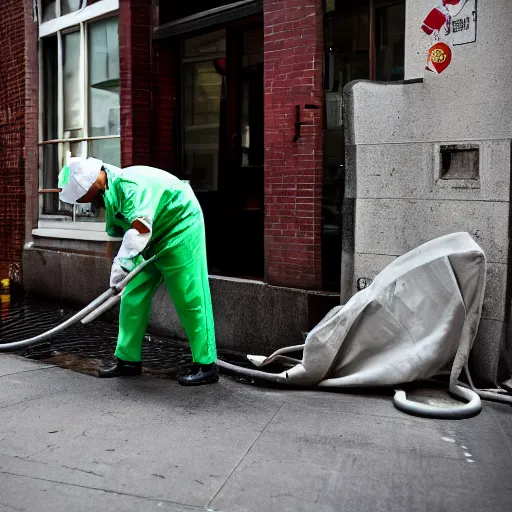 Image similar to closeup portrait of a cleaners mopping up the tears of crying people in a new york street, natural light, photography, world press photo