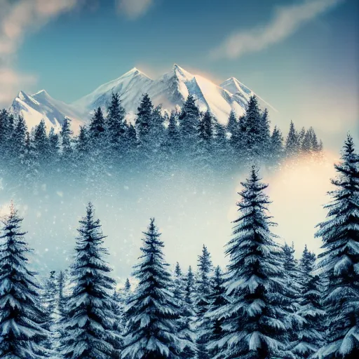 Prompt: beautiful mountains with snow caps, fir trees in the foreground, y2k aesthetic, made of glass, volumetric lighting, ultra HD, cyber noir