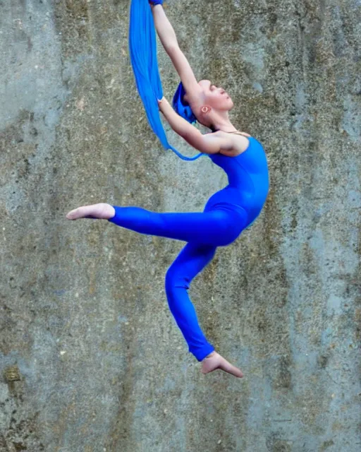 Image similar to beautiful female in aerial lyra performance, acrobat, intricate detail, electric - blue castle in the background