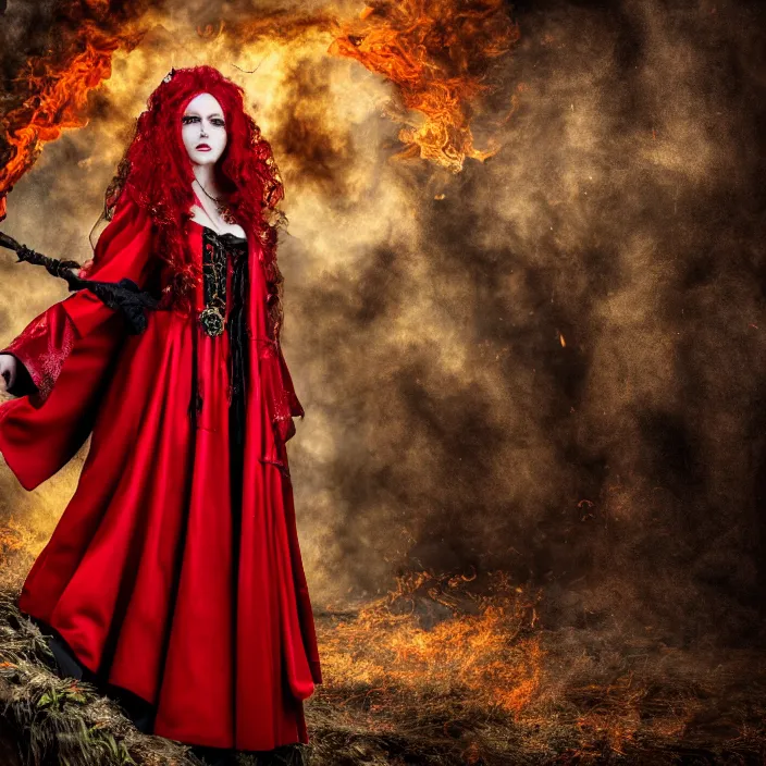 Image similar to full length photo of a very beautiful!! elemental fire witch with ornate red robes, highly detailed, 4 k, hdr, smooth, sharp focus, high resolution, award - winning photo