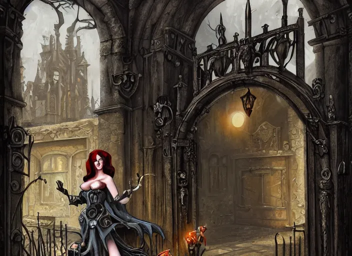 Image similar to a grotesque courtyard with gates and a beautiful witch queen poses with her evil mechanical beast, detailed 4 k painting, dramatic cold light, style of gerald brom