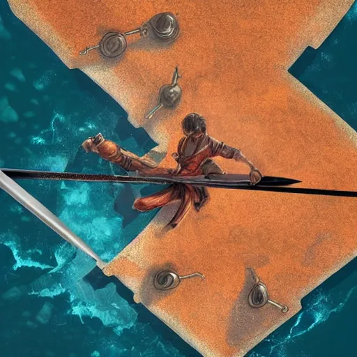 Prompt: sword duel, marble platform, sea, movie concept art, high angle shot, dark orange colors, men