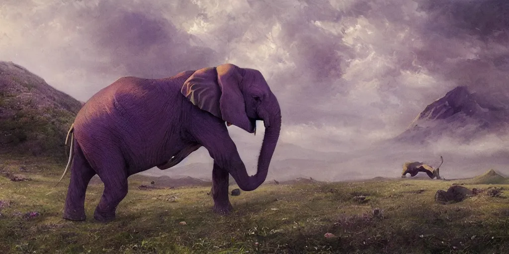 Image similar to purple coloured elephant running, raining, mountain, behind meadow, menacing, illustration, detailed, smooth, soft, cold, by Adolf Lachman, Shaun Tan, Surrealism