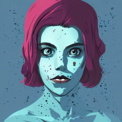 Image similar to Highly detailed portrait of pretty punk zombie young lady with freckles by Atey Ghailan, by Loish, by Bryan Lee O'Malley, by Cliff Chiang, inspired by image comics, inspired by graphic novel cover art, inspired by papergirls !! Gradient color scheme ((grafitti tag brick wall background)), trending on artstation