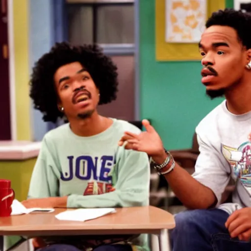 Image similar to a tv still of Chance The Rapper starring as a black college student at Jones College Prep in a 1993 sitcom