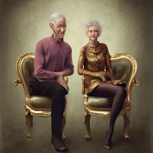 Prompt: a beautiful ultradetailed fine art old vintage couples portrait photo of cyborgs sitting on a chair and standing, by tom bagshaw and zach sutton, couples portrait, vignette, 3 5 mm lens, golden ratio composition, studio photography, very detailed, humanoids, artstation, 8 k, highly coherent