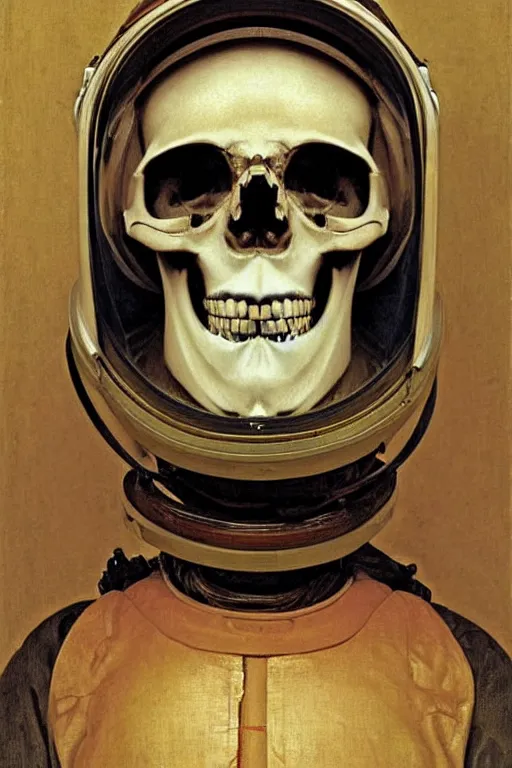 Image similar to portrait of a skull astronaut in samurai helmets an ancient human species, single person, by bouguereau