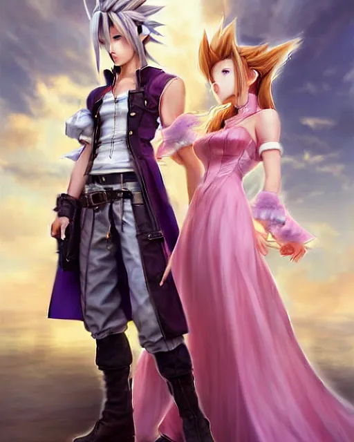 Image similar to character concept art of aerith gainsborough together with cloud strife at gold saucer, istinct - fine, key visual, realistic shaded perfect face, fine details by stanley artgerm lau, wlop, rossdraws, james jean, andrei riabovitchev, marc simonetti, sakimichan, and jakub rebelka, trending on artstation