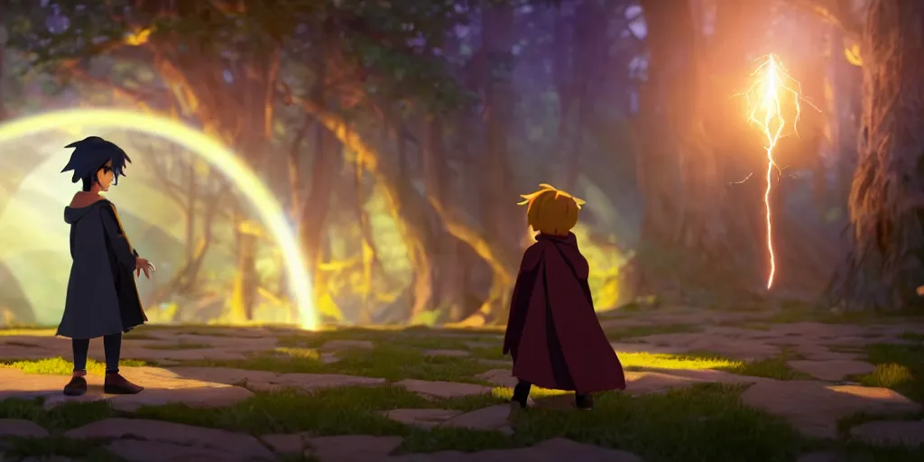 Image similar to a young boy mage with a brown cloak is standing at his desk working on a new spell, colorful, flowing energy, light rays, anime boy, boy, medium shot, waist up, pixar and disney animation, sharp, rendered in unreal engine 5, by greg rutkowski and makoto shinkai, bloom, dramatic lighting, cinematic