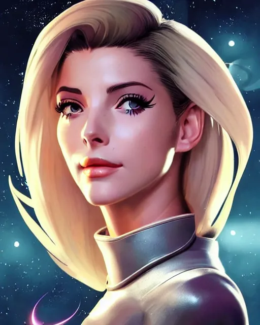 Image similar to mercy from overwatch, ashley greene's face combined with grace kelly's face, in space, character portrait, portrait, close up, concept art, intricate details, highly detailed, vintage sci - fi poster, retro future, vintage sci - fi art, vintage, in the style of chris foss, rodger dean, moebius, michael whelan, and gustave dore