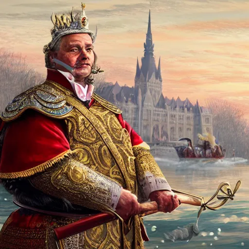 Image similar to an extremely realistic portrait depicting hungarian king viktor orban dressed in royal national costume, riding a pig on the frozen danube, detailed, intricate, elegant, highly detailed, digital painting, artstation, concept art, smooth, sharp focus, illustration,