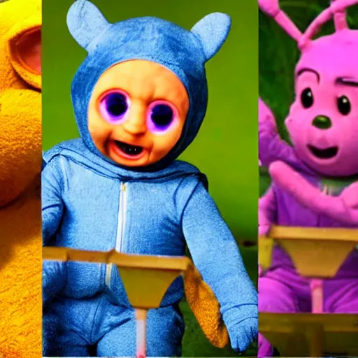 Image similar to tinky winky eating alive insects, horror, creepy, teletubbies lost creepy spooky bloody episode, realistic,