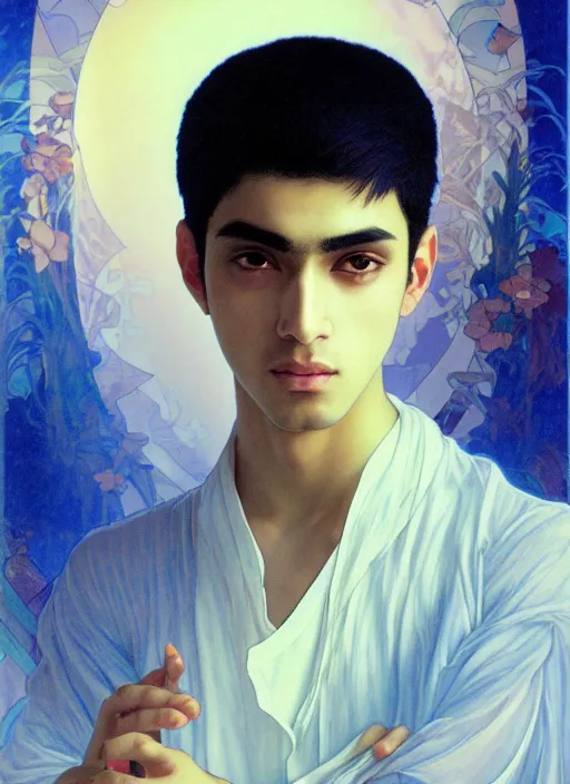 Image similar to beautiful medium shot portrait of a young arabic man inspired by ayami kojima with short hair dressed with a white t - shirt looking into the camera from three - quarters, white background white bank studio light, art by yoshitaka amano, alfons mucha and shingo tamagawa, 8 k