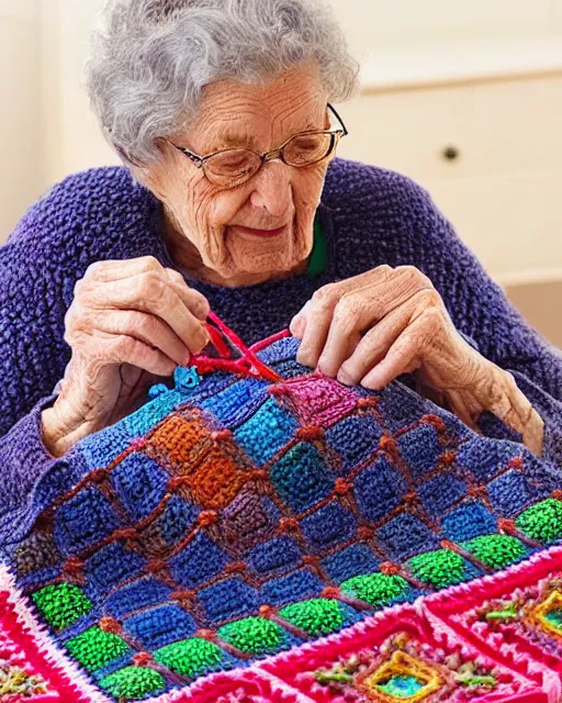 Image similar to a beautiful photograph of an elderly woman’s four hands as she’s crochets an Afghan, her four hands are highly realistic and accurate