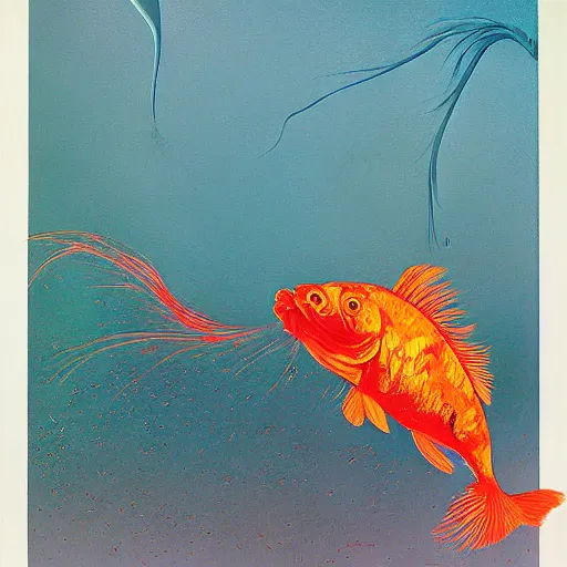 Prompt: goldfish tearing the fabric of reality by gerald brom and andy warhol