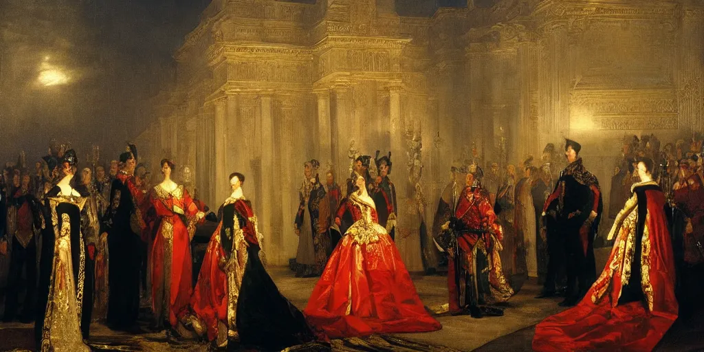 Prompt: Empress Sisi talking to peasants at night, epic lighting