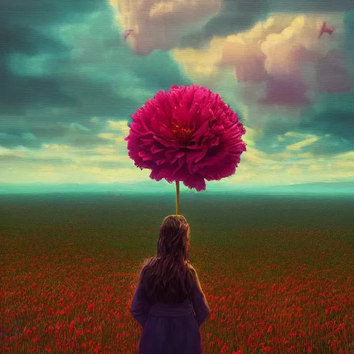 Image similar to giant carnation flower head, girl in suit, surreal photography, sunrise, dramatic light, impressionist painting, digital painting, artstation, simon stalenhag