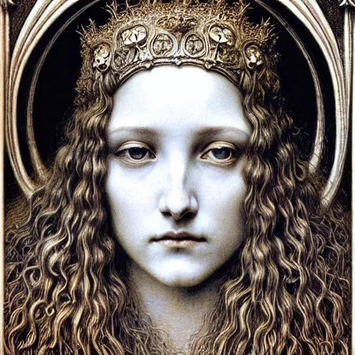 Prompt: detailed realistic beautiful young medieval queen face portrait by jean delville, gustave dore, zdzisław beksinski and marco mazzoni, art nouveau, symbolist, visionary, gothic, pre - raphaelite, art forms of nature by ernst haeckel, memento mori