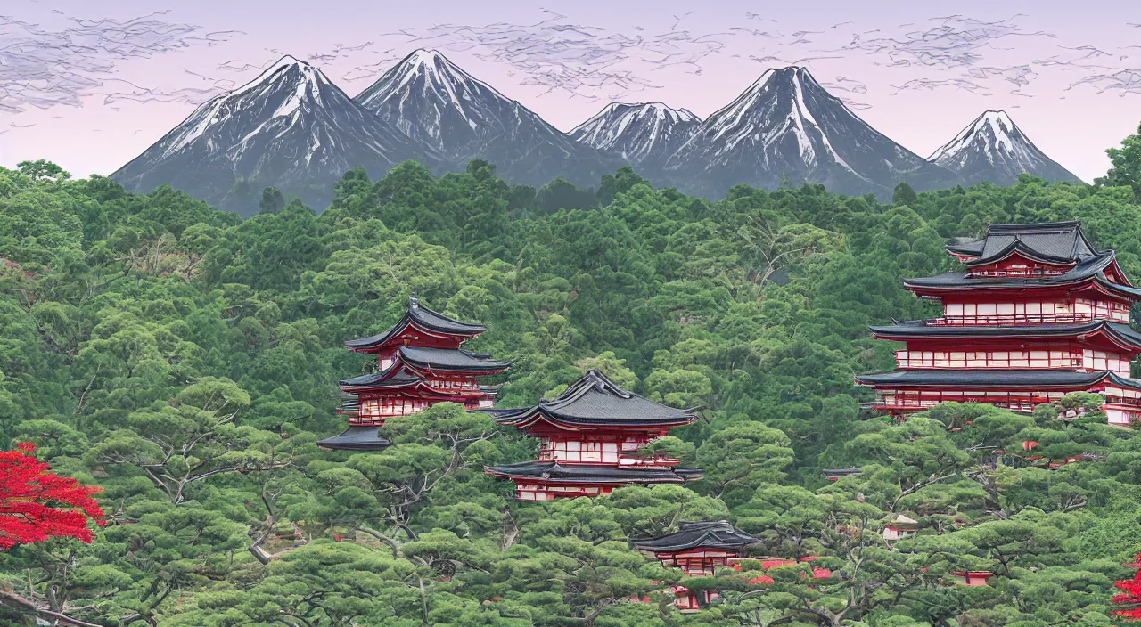 Image similar to digital art of a Japanese castle, with a garden as foreground, with mountains as background
