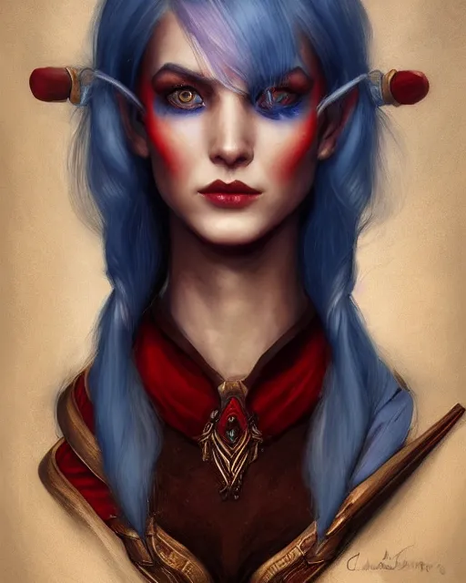 Prompt: A detailed matte oil on canvas head on symmetrical portrait of a distinguished elven woman with left red and right blue hair (((((makeup))))) by Charlie bowater and lise deharme wlop, trending on artstationhd, dungeons and dragons art critical role