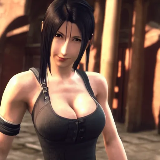 Image similar to Tifa Lockhart from Final Fantasy VII Remake (2020) laughing in Italy