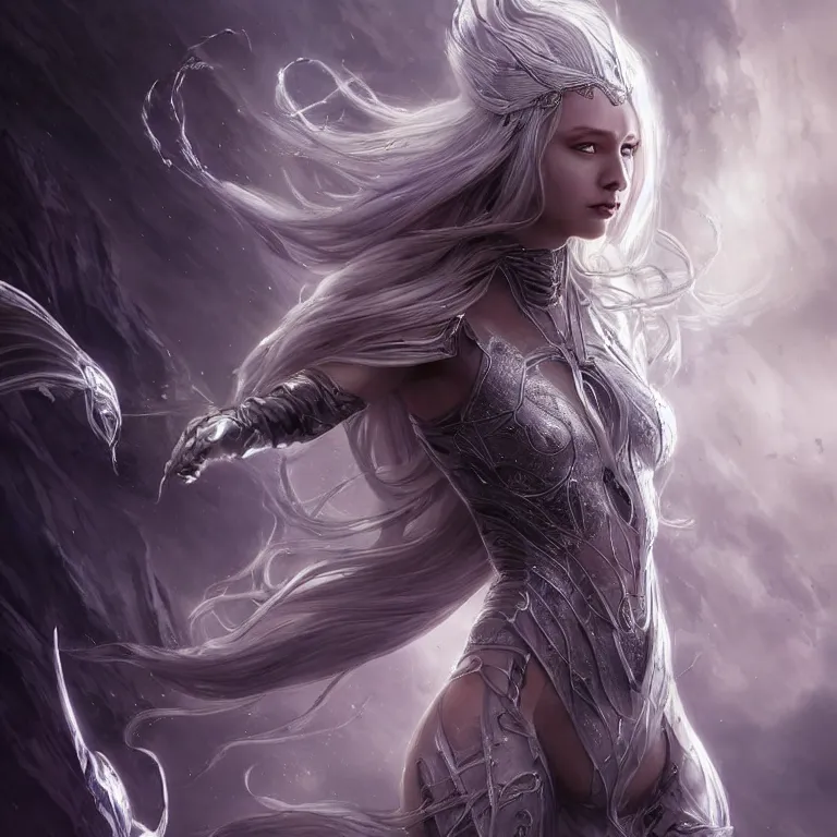 Image similar to beautiful cinematic fantasy poster, sci-fi, semi-transparent, beautiful female ghost with brilliant silver flowing hair and a brilliant jeweled silver helm, beautiful white glowing eyes, wideshot ultrawide angle epic scale, hybrid from The Elden Ring and art direction by Darius Zawadzki ;by artgerm; wayne reynolds art station; cinematic quality character render; low angle; ultra high quality model; production quality cinema model;