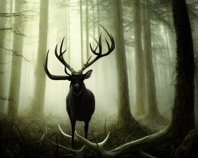 Prompt: 5 5 mm portrait photo of a man with pitch black skin, white eyes, and long antlers in a magical forest. magical atmosphere. art by greg rutkowski and luis royo. highly detailed 8 k. intricate. lifelike. soft light. nikon d 8 5 0.