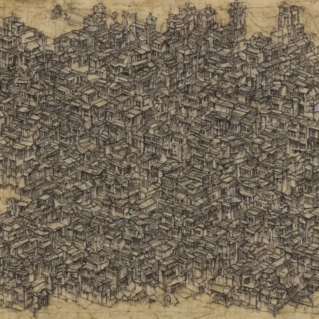 Prompt: sketches of kowloon walled city drawn by leonardo davinci on stained and crumbled paper, highly detailed, intricate