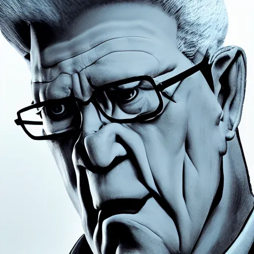 Image similar to hyper realistic, beautiful moody lighting, extreme emotions, caricature, soft, portrait of a very angry Hank Hill, 3d depth