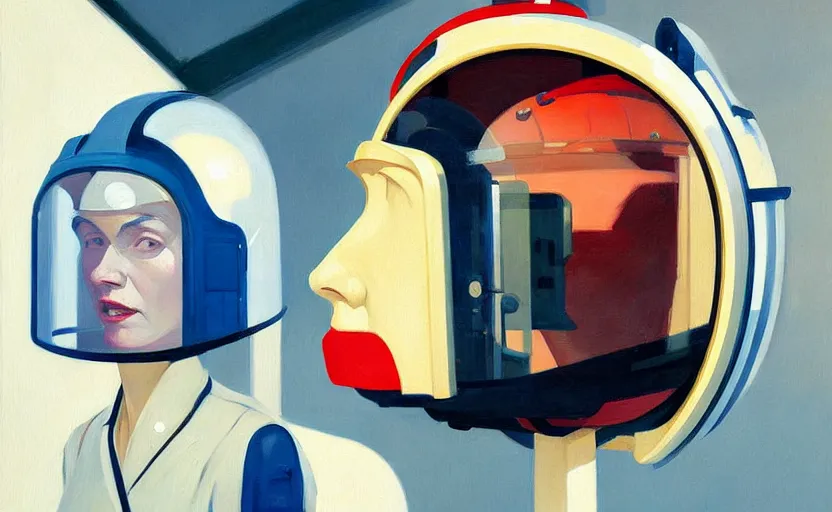 Prompt: Portrait of a woman Scientist with helmet, very coherent, painted by Edward Hopper, painted by James Gilleard, airbrush, art by JamesJean