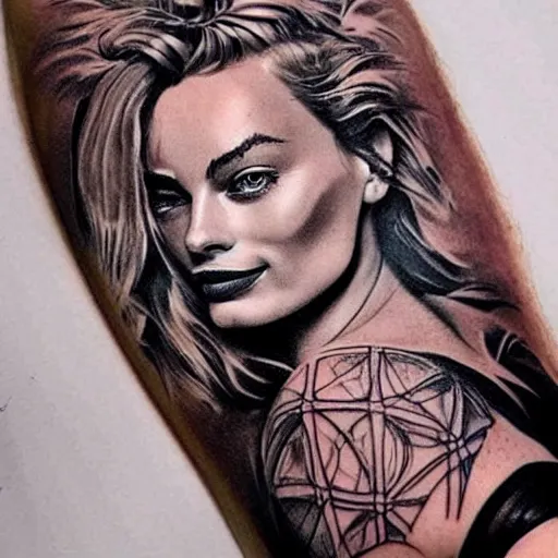 Image similar to surrealist tattoo design of margot robbie and nature mash up, in the style of arlo dicristina, amazing detail, face morph