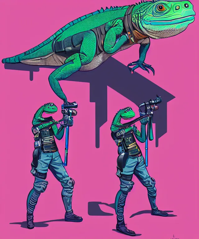 Image similar to a portrait of an anthropomorphic iguana holding a bazooka, cyberpunk!, fantasy, elegant, digital painting, artstation, concept art, matte, sharp focus, illustration, art by josan gonzalez