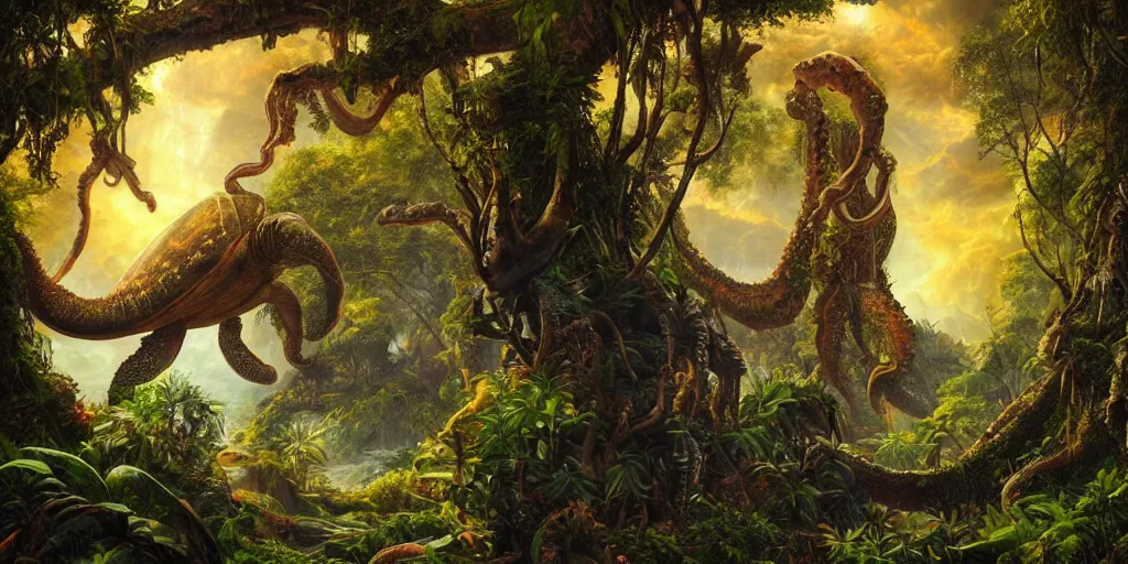 Image similar to fantasy oil painting, great leviathan, turtle cephalopod terrapin reptilian pachyderm amphibian hybrid, rainforest mountains, lush plants flowers, epic natural light, bright clouds, luminous sky, outer worlds, bright cinematic lighting, michael cheval, michael whelan, vray, 8 k hd