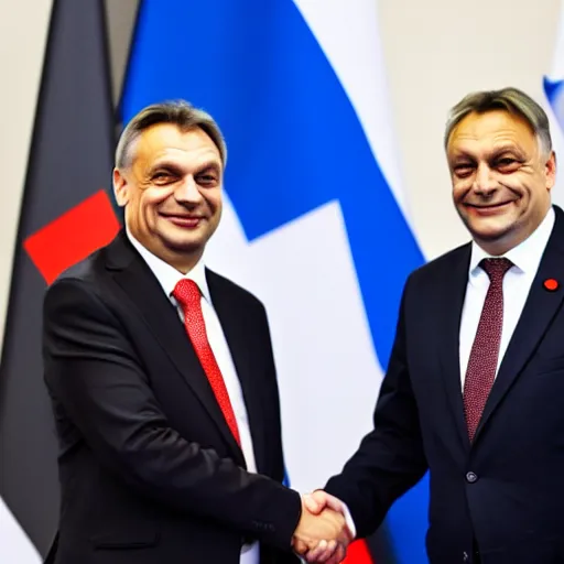 Prompt: Viktor Orban giving a handshake to Andrew Tate, Hyperrealistic, 8k UHG,