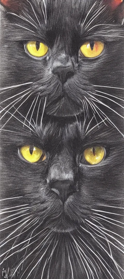 Prompt: Portrait of a sitting black cat with an evil expression, hyper realistic, super detailed.