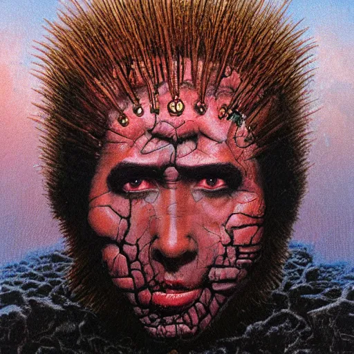 Prompt: Garbage Pail Kids trading card of Nicolas Cage as god of chaos in a hood dark fantasy, intricate, smooth, artstation, painted by Wayne Barlowe, zdislav beksinski