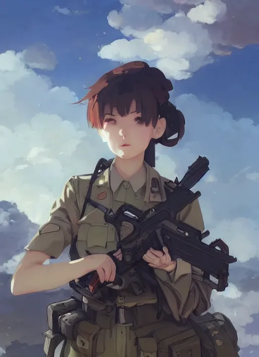 Prompt: portrait of cute soldier girl, cloudy sky background lush landscape illustration concept art anime key visual trending pixiv fanbox by wlop and greg rutkowski and makoto shinkai and studio ghibli and kyoto animation soldier clothing military gear realistic anatomy mechanized modern warfare arknights