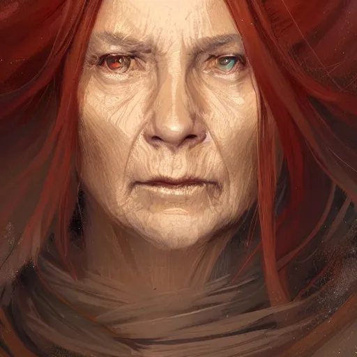 Image similar to portrait of a woman by greg rutkowski, grand jedi master jade skywalker, copper wavy hair, star wars expanded universe, she is about 7 0 years old, wearing jedi robes, wise and serene, highly detailed portrait, digital painting, artstation, concept art, smooth, sharp foccus ilustration, artstation hq