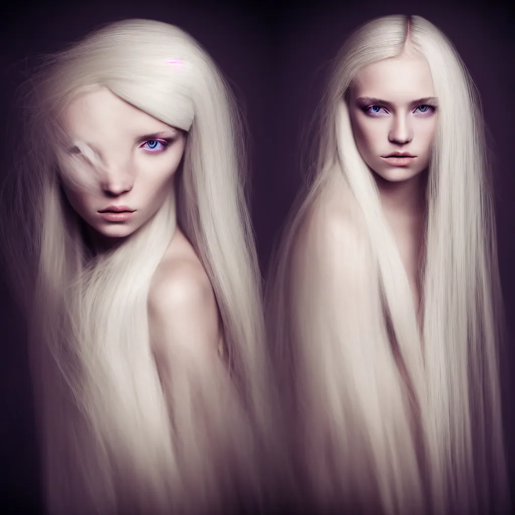 Image similar to photo portrait of a young woman with long blond hair dressed in long white, fine art photography light painting in style of Paolo Roversi, professional studio lighting, dark background, hyper realistic photography, fashion magazine style