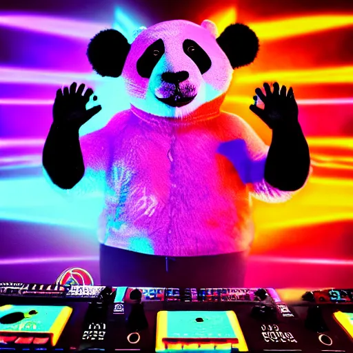 Image similar to a trippy panda bear DJing a club in Berlin, lsd visuals, techno night club
